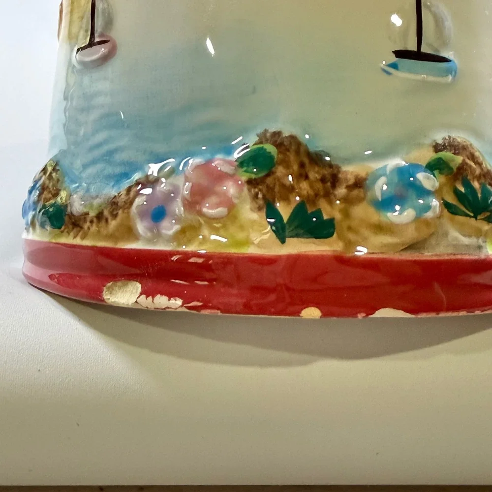 VTG KK Brand Lighthouse Coastal Ceramic Pitcher Small Nautical Beach House Decor